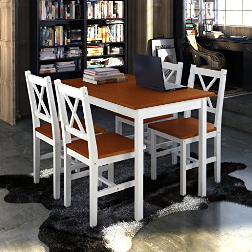 vidaXL Holztisch+4 Stühle Möbel Set Weiß Brown Tisch Esstischset