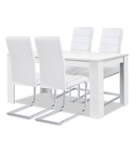 Agionda® Esstisch + Stuhlset : 1 x Esstisch Toledo 140 Weiss + 4 Freischwinger Kunstleder weiss