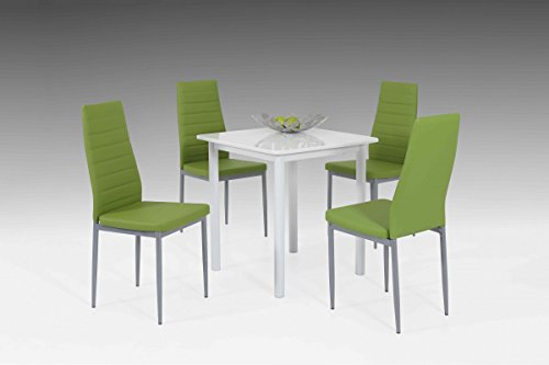 Dreams4Home Tischgruppe 'Berrit', 4x Stuhl, Esszimmertisch, Küchentisch, Esszimmer, Tisch, Weiß,grün, Hochglanz