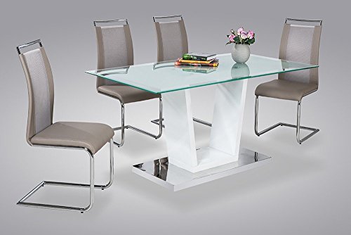 Esstisch, Tisch, Küchentisch, Esszimmertisch, rechteckig, Säulentisch, weiß, Hochglanz, Edelstahl, Glas, 160 x 90 cm