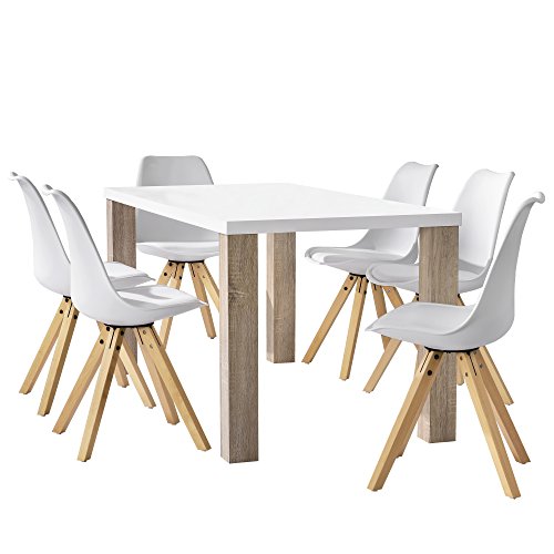 [en.casa] Esstisch Eiche weiß mit 6 Stühlen weiß gepolstert 160x85cm Esszimmer Essgruppe Küche