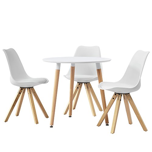 [en.casa] Esstisch rund weiß [Ø80cm] mit 3 Stühlen weiß gepolstert Esszimmer Essgruppe Küche