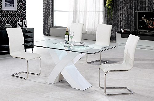 Arizona Glastisch / Esszimmertisch, Gestell in X-Form, inklusive 4 Kunstleder-Stühlen, Weiß