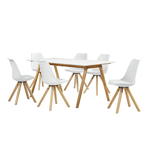 [en.casa] Esstisch Bambus weiß mit 6 Stühlen weiß gepolstert 180x80cm Esszimmer Essgruppe Küche