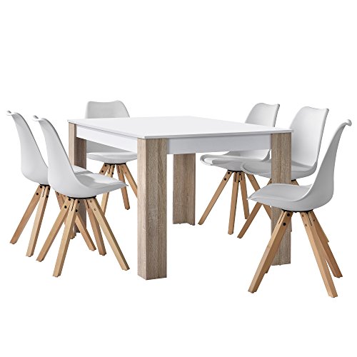 [en.casa] Esstisch Eiche weiß mit 6 Stühlen weiß 140x90cm Esszimmer Essgruppe Küche Set
