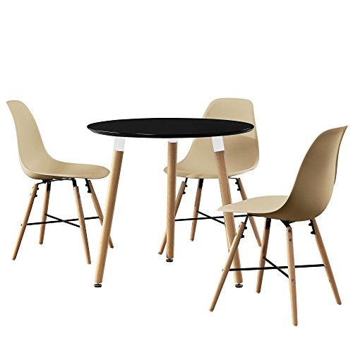 [en.casa] Esstisch rund schwarz [Ø80cm] mit 3 Stühlen beige Esszimmer Essgruppe Küche