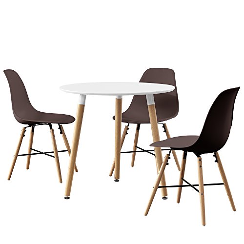 [en.casa] Esstisch rund weiß [Ø80cm] mit 3 Stühlen braun Esszimmer Essgruppe Küche