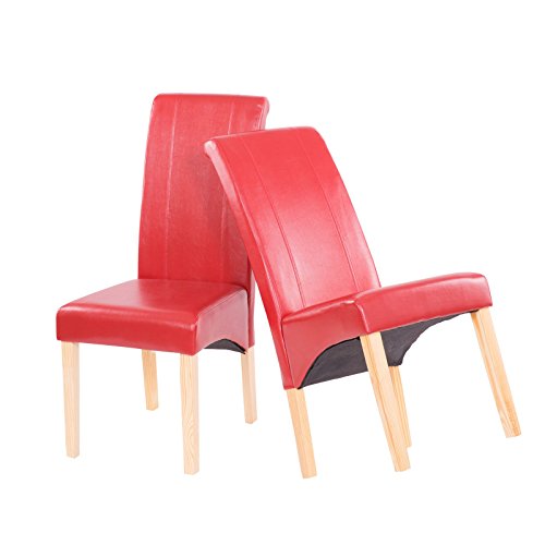 Esszimmerstühle 2er Set - Polsterstühle Kunstleder in rot Hochlehner mit Holzfüßen