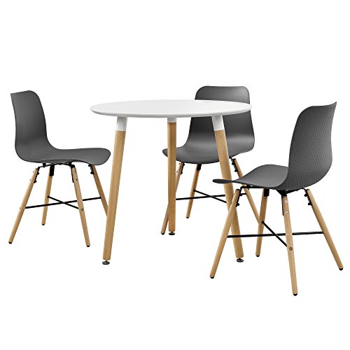 [en.casa] Esstisch in Weiß (rund - ø80cm) mit 3 Design-Stühlen grau - Sitzgruppe in Retro-Look