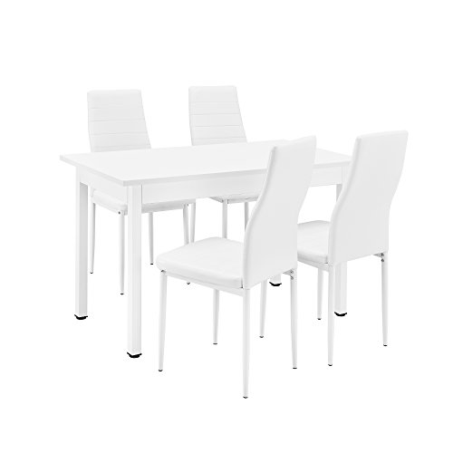 [en.casa] Esstisch / Küchentisch / Esszimmertisch (120x60cm) mit 4 Stühlen weiß gepolstert - Sitzgruppe im Sparpaket