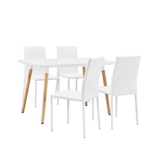 [en.casa] Stylischer Esstisch / Küchentisch (120x80cm) mit 4 Polster-Stühlen aus PU- Kunstleder weiß - Essgruppe in Sparpaket
