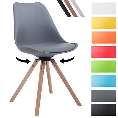 CLP Design Retro-Stuhl TROYES RUND, Kunststoff-Lehne, Kunstleder-Sitz, drehbar, gepolstert Grau, Holzgestell Farbe natura, Form rund