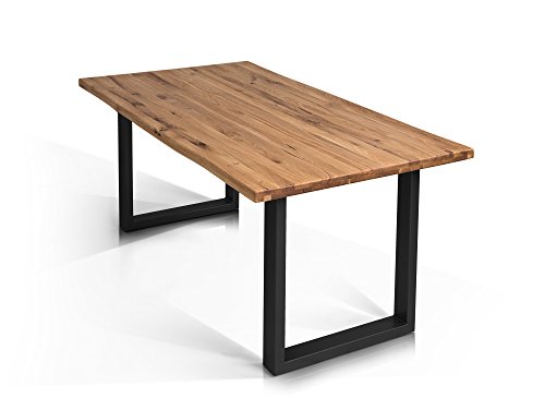 TOBAGO Baumkantentisch Esstisch Wildeiche Holztisch Massivholztisch Esszimmertisch Tisch Baumkante Metallfuß schwarz lackiert 160 x 90 cm, 160 x 90 cm