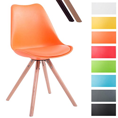 CLP Design Retro-Stuhl TOULOUSE RUND, Kunststoff-Lehne, Kunstleder-Sitz gepolstert Orange, Holzgestell Farbe natura, Bein-Form rund