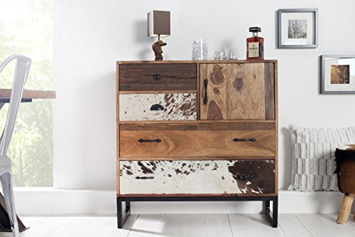 DuNord Design Sideboard Kommode TEXAS 90cm Massivholz Sheesham und Felloptik Patchwork Massiv Holz