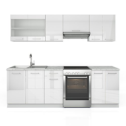 Serina Küchenzeile 240 cm - 7 Schrank-Module frei kombinierbar - Küche Küchenblock Einbauküche – Hochglanz (Weiß Hochglanz)