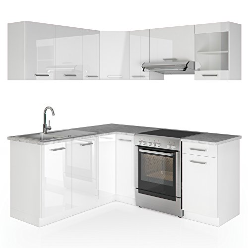 Vicco Winkelküche Küchenzeile 190 x 170 cm - Weiß Hochglanz - Küche in L-Form Küchenblock Einbauküche Komplettküche Eckküche - frei kombinierbare Möbel-Module