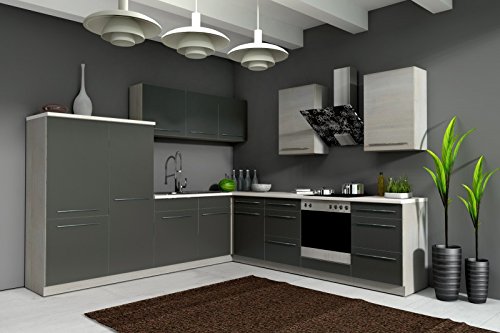 Küche Sophie 280x270 cm Küchenzeile in grafit grau / Eiche Chamonix - Küchenblock variabel stellbar