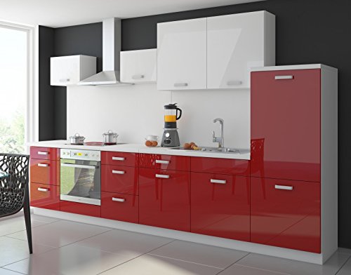 Küche Color 340 cm Küchenzeile Küchenblock Einbauküche in Hochglanz Rot / Weiss