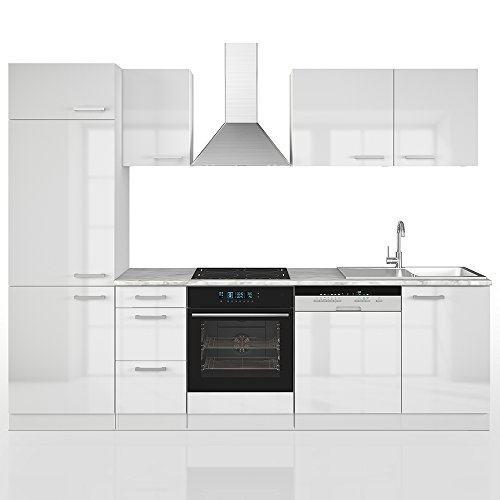Vicco Küche 270 cm Küchenzeile Küchenblock Einbauküche Komplettküche – Weiß Hochglanz Frei Kombinierbar