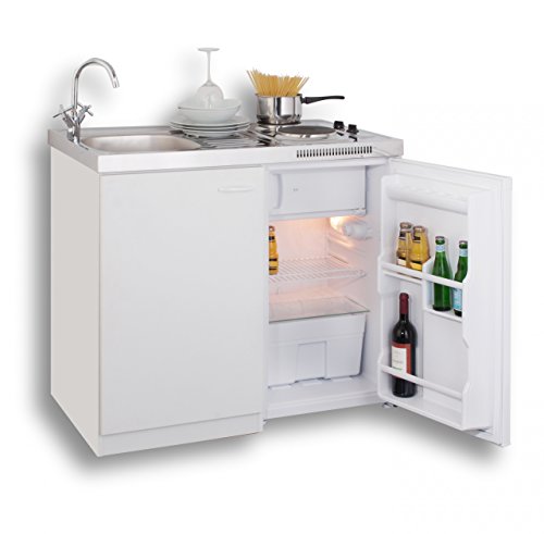 MEBASA MK0001 Pantryküche, Miniküche 100 cm Weiß mit Duokochfeld und Kühlschrank
