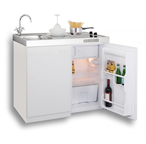 MEBASA MK0006 Singleküche, Miniküche 100 cm Weiß mit Duo-Ceran-Kochfeld, Kühlschrank