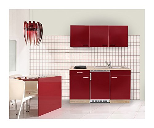 Mebasa MEBAKB15RAC MiniKüche, Küchenblock, Singleküche in Akazie / Rot hochglanz 150 cm, inkl. Kühlschrank, Ceranfeld und Edelstahlspüle, erhältlich in 2 Farben (Akazie - rot)