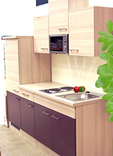 SINGLEKÜCHE Pantryküche Aubergine Akazie mit Kühlschrank Spüle Mikrowelle Küchenblock 210 cm