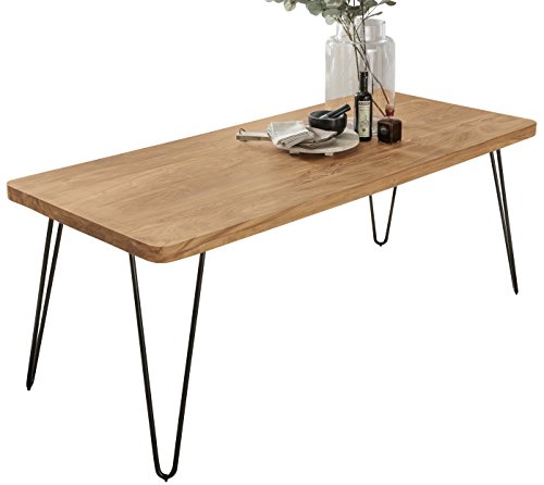 WOHNLING Esstisch BAGLI Massivholz 120 x 80 x 76 cm Esszimmer-Tisch Küchentisch modern Landhaus-Stil Holztisch mit Metallbeinen braun Natur-Produkt Massivholzmöbel Echt-Holz