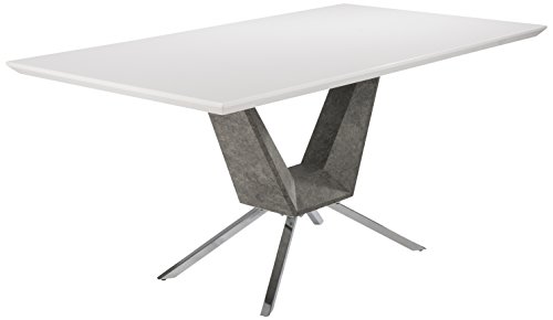 CAVADORE Esszimmertisch FLY/Esstisch in extravagantem Design/Tischplatte MDF Hochglanz weiß lackiert/Säule in Beton Optik/Füße Metall verchromt/160 x 90 x 76 cm (BxTxH)