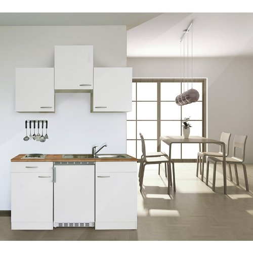 respekta KB150WW Single Küche Küchenzeile Küchenblock 150 cm WEISS mit Einbaukühlschrank, Einbauspüle, Kochmulde