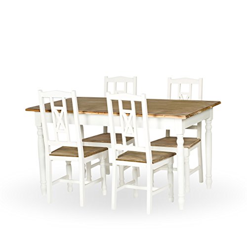 PAJOMA 09072 Set Esszimmer + 4 Stühle  im Landhausstil Claire,  Holzfaser/Paulownie, Tisch Maße: L 150 x B 85 x 79 cm,  Stuhl Maße: B 44 x T43 x H 99 cm