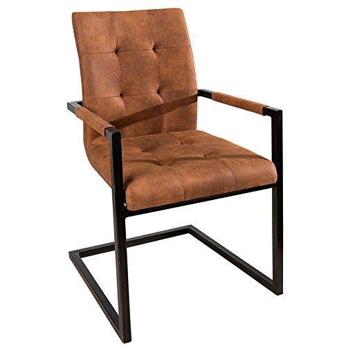Design Freischwinger Stuhl OXFORD mit Armlehne Cognac Vintage braun Gestell Eisen Schwarz Esszimmerstuhl Armlehnenstuhl Esszimmer