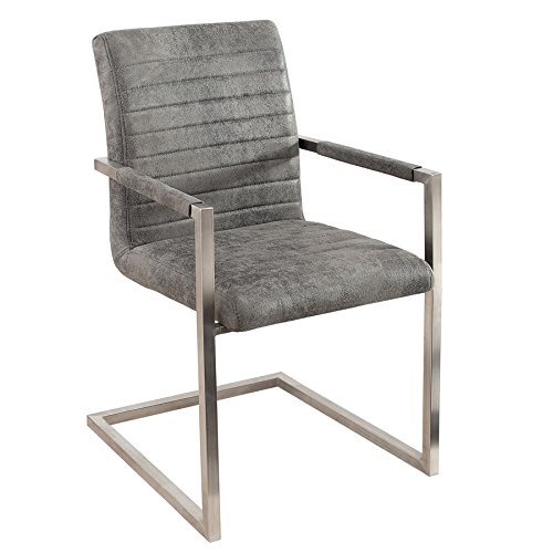 Freischwinger Stuhl IMPERIAL Vintage grau mit gepolsterten Armlehnen und Edelstahlgestell Esszimmer Stuhl