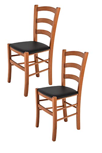 Tommychairs 2er Set Stühle Venice, Robuste Struktur aus lackiertem Buchenholz im Farbton Kirschbaum und Sitzfläche mit Kunstleder in der Farbe Schwarz bezogen. Set Bestehend aus 2 Stühlen Venice