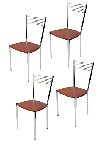 Tommychairs - 4er Set Moderne Stühle Elegance für Küche und Esszimmer – Robuste, verchromte Metallkonstruktion, Sitzfläche in strohähnlicher Struktur in der Farbe natürliches Elfenbein