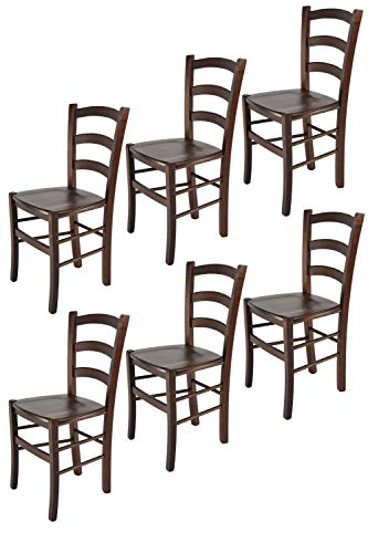 Tommychairs - 6er Set Stühle Venice für Küche und Esszimmer, robuste Struktur aus lackiertem Buchenholz im Farbton Dunkles Nussbraun und Sitzfläche aus Holz. Set bestehend aus 6 Stühlen Venice
