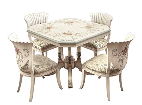 Essgruppe Esszimmer oder Wohnzimmer mit Dekor und Blumen, 4 Stühle + Tisch 100 x 100 Made in Italy, schöne Möbel handgemacht