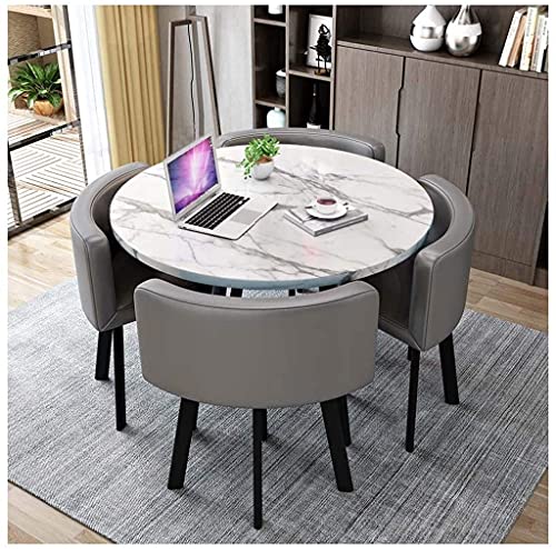 Esstisch-Set Tisch und Stühle für Zuhause, Büro, Empfang, Freizeittisch, einfacher runder Holztisch, Metallbeine, 4 Lederstühle (Color : Purple, Size : 80cm/31in) (Grey 80cm/31in)